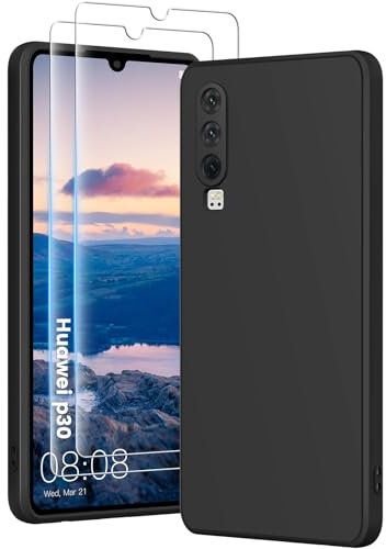 PuyaTeya 3 in 1 Hülle für Huawei p30, mit 2 Stück 9H Panzerglas Premium Liquid Silikon Hülle, mit 4-Layer stoßfeste abriebfestes, Soft Mikrofaserfutter Kratzfes Schutzhülle (Tiefschwarz)