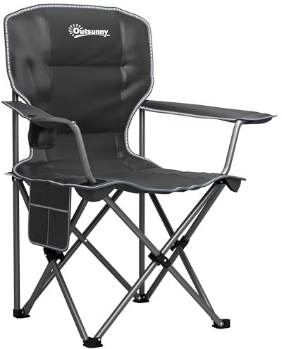 Outsunny Chaise Pliante Camping, Chaise de pêche Portable, siège rembourré, Porte-gobelets, Poches latérales et Sac de Transport, Fauteuil Pliant pour randonnée, pêche, Plage et Pique-Nique, Noir
