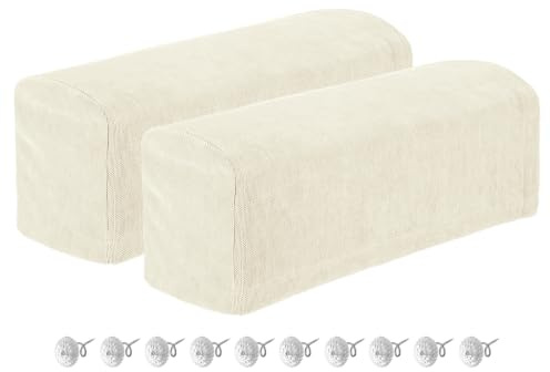 sourcing map 2Pcs Stretch Armrest Covers, Chenille Soft Armchair Slipcovers Couch Recliner Arm Cover with Twist Pins for Chair Sofa Protector, Cream