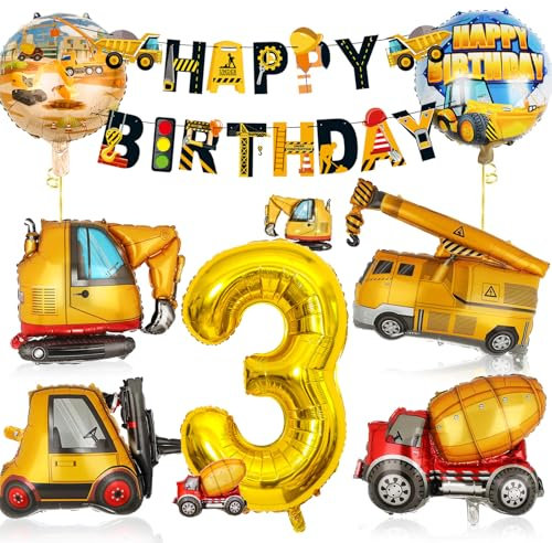 ALEGRE Bagger Deko 3 Jahre Junge: Baustellen Geburtstagsdeko mit Bagger Luftballon, Happy Birthday Banner & mehr - Vibrant colors with gold, 10 cm, Baustelle, Unisex, 10 Stück, Geburtstag