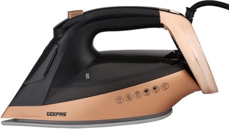 GEEPAS Steam Iron | Auto Temperature Control & Auto Shut Off | Ceramic Soleplate 1.2L Water Tank | 30s Fast Heat-Up 40g/Steam Output Anti-Drip Anti-Calc | 2 Year Warranty 2400W Black/Gold