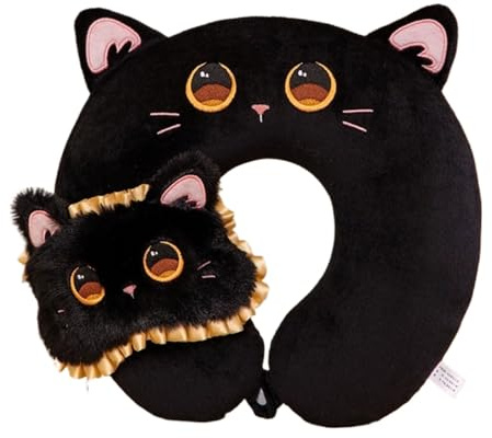 Uixxducc Nackenkissen Kinder mit Augenmaske, Memory Foam Reisekissen mit Augenschutz, Cartoon Tier Katze Bär U-förmige Nackenhörnchen Kinder für Auto Zug
