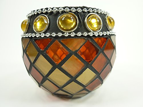 Dapo 2 x Windlicht-Glas Mosaik handgearbeitet Teelichthalter H7,5xD7cm Kerzenhalter Teelicht-Glas Dekovase Tischdekoration (Rot-Gold-gelbe Steine)