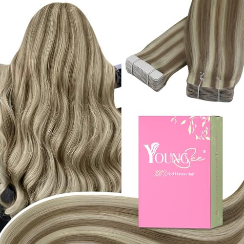 YoungSee Echthaar Extensions Tape Hellbraun Tape in Extensions Echthaar Braun Strahnchen Blond Tape-in Haarextension 40cm Tapes Haarverlangerung Echt Haar Glatt 50g fur Damen #P8A/60