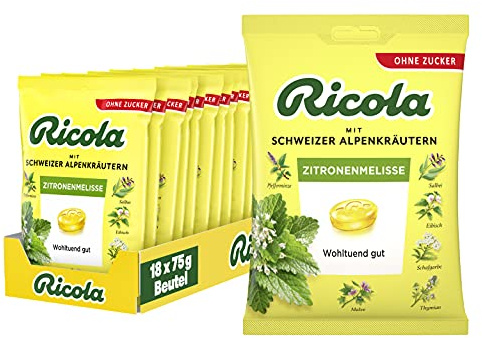 Ricola Zitronenmelisse, 18 Beutel Schweizer Kräuter-Bonbons mit 13 Alpenkräutern & erfrischendem Zitronen-Geschmack, zuckerfrei, 18 x 75g, vegan