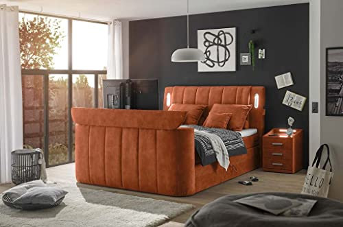 Froschkönig24 Dallas Boxspringbett Bett 180x200 cm, inkl. Bettkasten & motorisierter TV-Halterung Orange, Ausführung:Variante 1