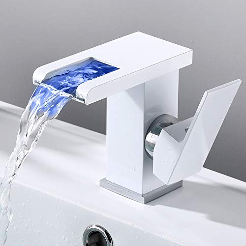 Waschtischarmatur Wasserfall Wasserhahn Bad Waschtischarmatur mit LED RGB Waschbecken Waschtisch Armatur Bad (Weiß)
