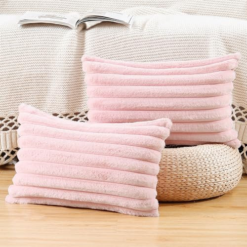 Madizz 2er Set Kunstpelz Plüsch Dekorative Kissenbezüge Flauschig Gestreifte Weich Dekorative Kissenbezug für Sofa Schlafzimmer Kissen Shell Rosa 30 x 50 cm
