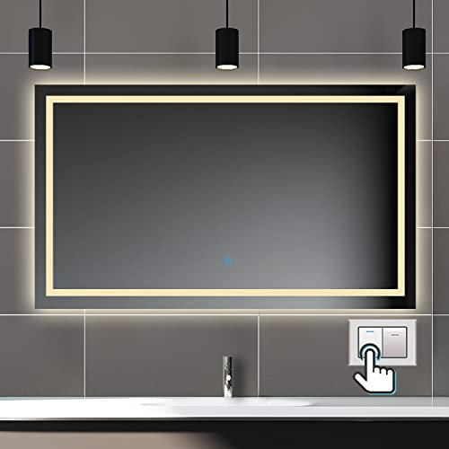 Biubiubath Badspiegel mit Beleuchtung,100x80cm LED Wandspiegel mit Wandschalter/Touch-Schalter,Beschlagfrei,Badezimmerspiegel mit 3 Lichtfarbe 2700-6500K Dimmbar,IP44