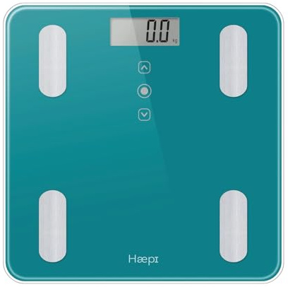 Haepi Pèse-personne impédancemètre verre turquoise, analyse corporelle | Balance avec masse grasse, musculaire, osseuse, hydrique, IMC, Kcal, piles incluses et garantie 15 ans