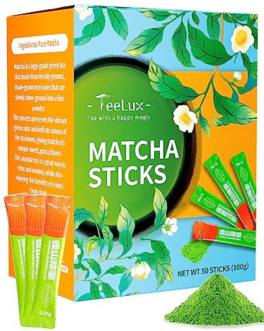 TeeLux Matcha Green Tea Powder, Single Serve 50 Sticks, Instant Vegan Matcha Powder Sachets, Premium Vibrant Culinary Grade Matcha, Packets for Drinking with Water, Latte, Smoothies & Lemonades