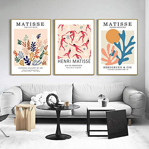 Dittelle Matisse Girl Line Korallenblatt Sonne abstrakte Wandkunst Leinwandmalerei nordische Poster und Drucke Wandbilder für Heimdekoration 50 x 70 cm – 3 Stück rahmenlos