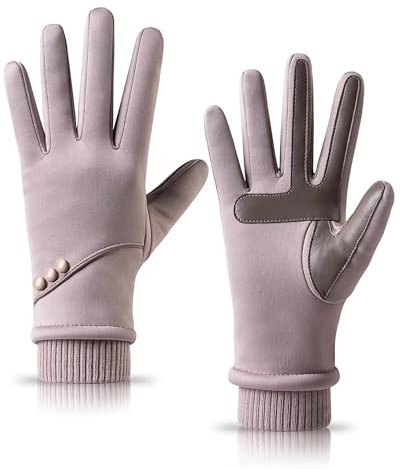 HOLDINA Handschuhe Damen Winter Warm, Wasserdichte Handschuhe Damen mit Rutschfestem Leder, Handschuhe Damen Touchscreen mit Fleece Gefüttert zum Fahren, Laufen, Radfahren, Wandern (Hellrosa-S)