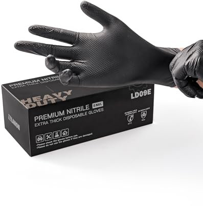 LANON 8 Mil Gants Nitrile Noir, Gants Jetables Extra Forts avec Structure Diamant, Gants Mecanicien, Alimentaire, Sans Poudre, Sans Latex, Taille XL(100 Gants)