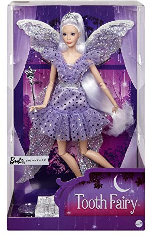Barbie Muñeca Hada de los Dientes con Vestido añil, alas, Varita y Accesorios, Colección Signature, Juguete de colección para Adultos y +6 años (JCW43)