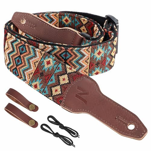 Nefelibata Banjo-Gurt, 2 breit, Vollnarbenleder Jacquard bestickt, verstellbarer Ersatz, Gitarrengurt mit Kopfplatten-Seil und Leder-Stirnband (Boho-Braun)