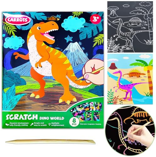 YUNHENTONG Scratch Art Set per Bambini - Libro da Colorare Dinosauri con Penna in Legno - Immagini da Graffiare Paper