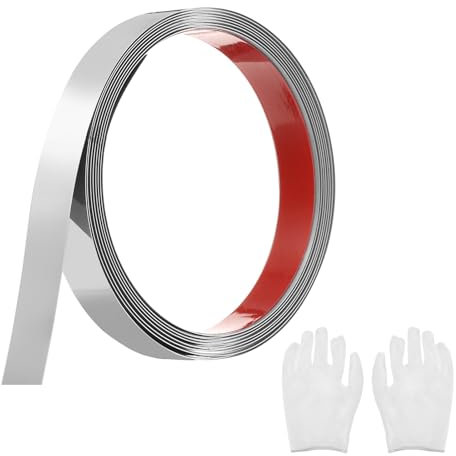 QUARKZMAN Baguette de Moulure Auto-Adhésive en Acier Inoxydable, Argent Miroir Autocollant, avec Gant, Moulure Décorative pour Miroir Mural, 0,78 x 9,8 Pieds