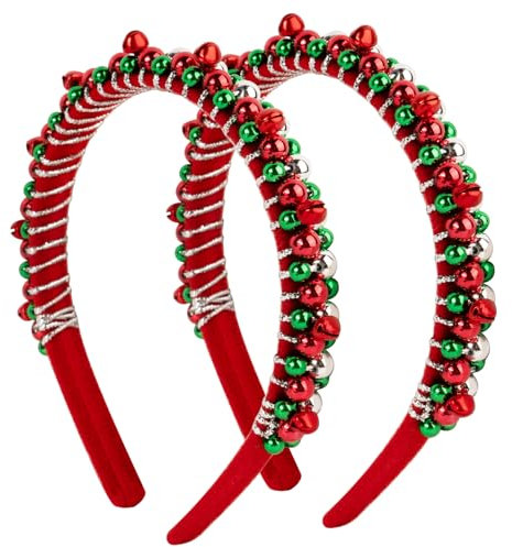 2pcs Bandeaux Cheveux de Noël Serre Tête avec Clochette Rouge Vert Argent Perles Headband Accessoires de Coiffure Cadeaux de Vacances pour Femmes Filles Fête Noël Nouvel An