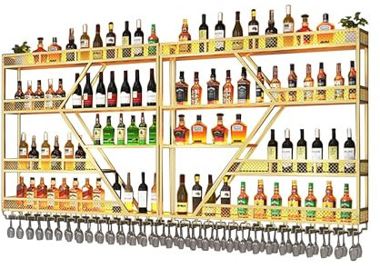 Botellero Vino Pared Con Luces Vinoteca Mueble Bar Salon Garrafeira Mini Bar Wine Rack Mueble Comedor Estanteria Cocina Pared con Soporte Copas Colgante para Barra para Bar Cocina Despensa(Gold-yellow