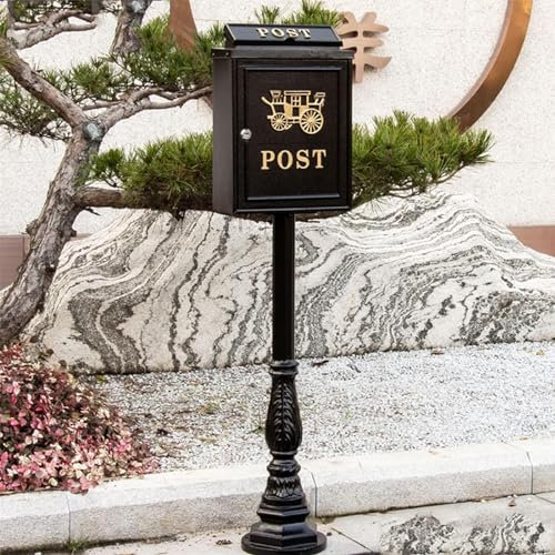 Cast Aluminum Mailbox, Vintage Post Box Letter Letterboxes, Retro Vertical Floor-Standing Mailbox for Walls,Gates,Garages,Black