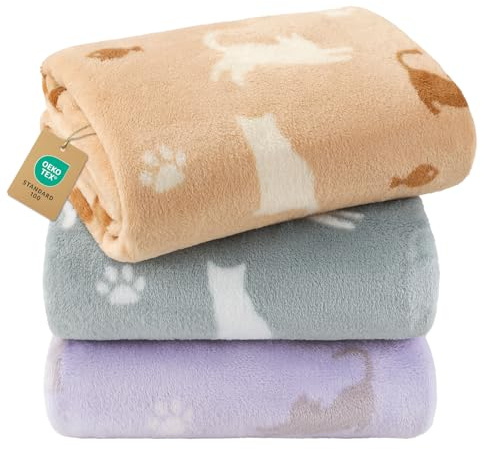 Luciphia 1 Pack 3 Blankets, Cute Cat Printed Fluffy Fleece Pet Blanket for Dogs Cats Washable, Warm Soft Throw Cover for Crate Couch, Gifts Puppy Essentials,Purple/Grey/Khaki, Small (23x16 inch)