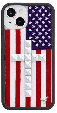 Wildflower Schutzhüllen – kompatibel mit iPhone 13/14, schützender schwarzer Stoßfänger, 2 m Falltest-zertifiziert, kleines Unternehmen in Frauenbesitz, Stud Cross Amerikanische Flagge