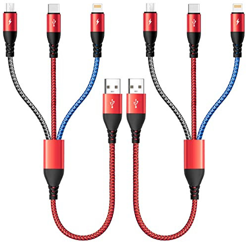Cable de Carga Múltiples 4,5a 2 Paquetes de Cable de Carga Rápida Múltiples de 35cm Tipo de Puerto C/Lightning/Micro USB Conector Teléfonos Móviles