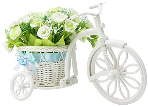 RESOYE Fiore artificiale di rosa bianca con bicicletta nostalgica da giardino, mini cestino di fiori in vaso per la decorazione di matrimoni e casa