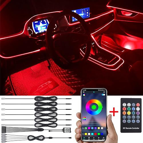 TABEN Auto Atmosphärenlicht Kit Musiksynchronisation Mehrfarbig RGB 16 Millionen Farben 8 Meter Glasfaser USB Fußraum Ambientebeleuchtung Kit, Sound-Active RF-Fernbedienung und Bluetooth-App-Steuerung