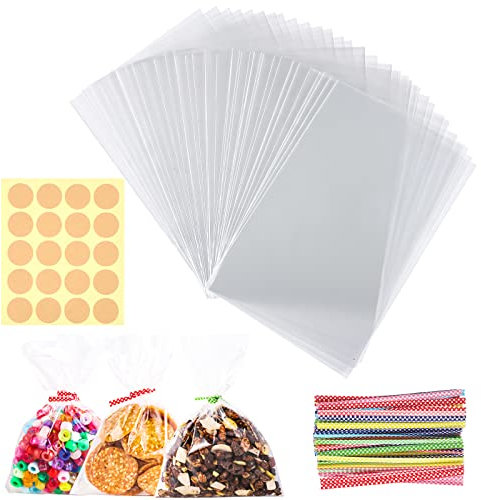 200 Pcs Sachet Plastique Transparent, 10 x 15cm Sachet Bonbon Noël Sac Cellophane à Biscuit avec 200 Liens Torsadés 200 Autocollants Vierges pour Halloween Mariage Petit Cadeau