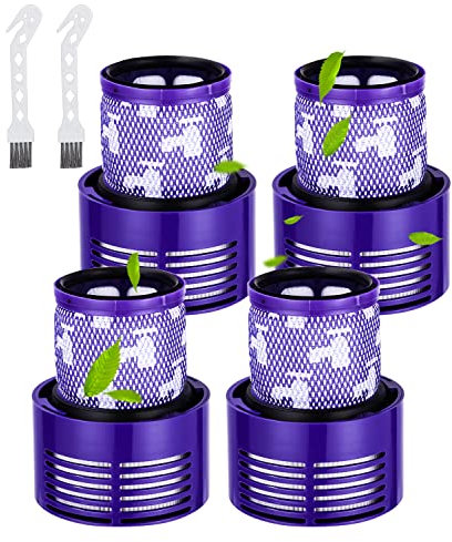 FAOKZE 4 Filtre pour Dyson V10, Filtres pour Dyson Cyclone V10 SV12 Series avec Deux Brosses de Nettoyage pour Aspirateur, V10 Absolute, V10 Animal, V10 Total Clean, Lavables, Remplacer # DY-969082-01