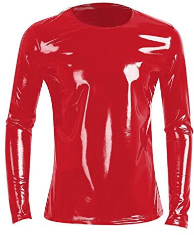Caxndycing Herren Tops Langarm Leder Mantel Sexy Clubwear Lack-Leder Vinyl Oberteil Slim Fit Fitness Clubwear PVC-Spiegel-glänzendes Netz Unterhemd Tops DJ T Shirt Slim fit für Nachtclub