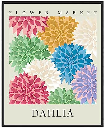 Impression d'art Dahlia - Marché aux fleurs - Décoration murale - Œuvre florale botanique pour chambre à coucher, salle de bain, salon (dahlia, 40,6 x 50,8 cm + cadre noir))