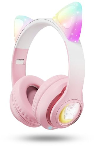 XtenKea Cuffie Bluetooth per Bambini con Orecchie da Gatto, Cuffie Wireless con microfono e illuminazione RGB, Pieghevole Over-Ear Cuffie per Smartphone/scuola/scrivania/PC/Kindle (Rosa)