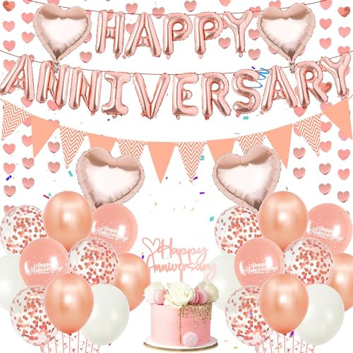 Happy Anniversary Banner Decorations - Happy Anniversary Decorations Set Includes Rose Gold Anniversary Cake Topper Letters Love Foil Balloons for Wedding Anniversary Party Decorations