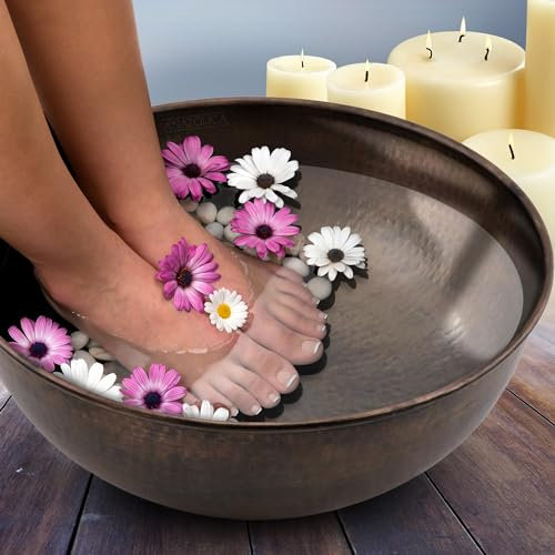 Anatolica Hand Hammered Copper Pedicure Bowl, Dia.16 inches, Foot Bath Wellness, Massage Spa Therapy