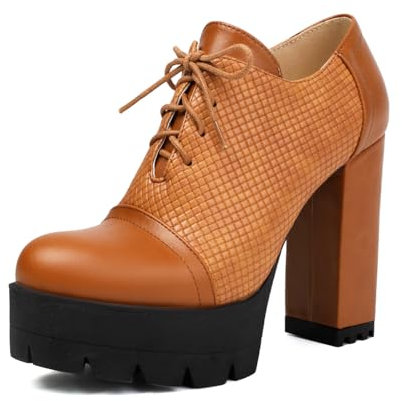 PAUVAODY Klassischer Damens Plateau Heel Schnüren Performance Catwalk Pumps Runde Zehen Blockabsatz Oxfords Brogues Perforated Jahrgang Dress Schuhe Brown Size 43