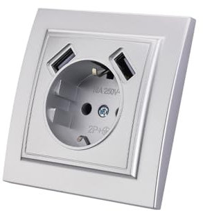 Wandsteckdose mit USB-Unterputzstecker,2 USB-Steckdosen, Wandsteckdose für den Innenbereich 250V AC 16A, Silber Erdungsstecker