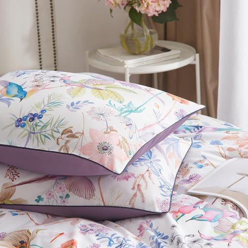 Freyamy Blumen Kissenbezug 40 x 80cm 2er Set Weiß Rosa Bunt Floral Pflanzen Vögel Kissenbezüge 100% Mikrofaser Mädchen Kopfkissenbezug 40x80cm 2 Stück