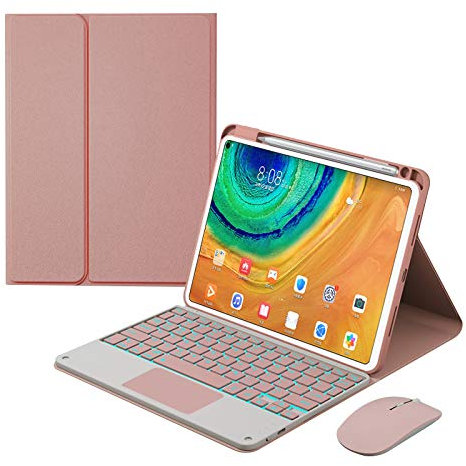 Funda con Teclado para Huawei Matepad 10.4, Contener Ñ, Teclado Retroiluminado Desmontable con Panel Táctil, Cubierta Trasera Suave con Portalápices,Rosado,7 Color Backlit