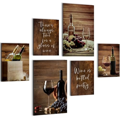 Novart Wandbilder Küchenbild Wein - KOMPLETT AUFHÄNGFERTIG - Braun Küche Esszimmer - 6 Moderne Mood-Bilder - N035967b