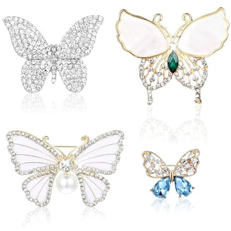 JIEYAO 4 Stück Schmetterlings Broschen für Damen, Strass Perlen Broschennadeln Modische Kristall Schmetterling Brosche Pins Elegante Anstecknadel Clip Gold Abzeichen für Schal Mantel Kleidung Hochzeit