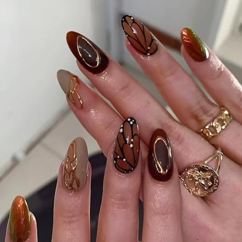Auiremrti 24 chiodi a farfalla marrone, unghie finte francesi, design con ali di farfalla, unghie acriliche, riutilizzabili, per autunno e inverno