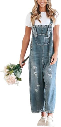 Sukany Women's Vintage Casual Denim Jean Overalls Loose Distressed Bib Dungarees Adjustable Baggy Harem Romper Jumpsuit Pants Dark Blue L