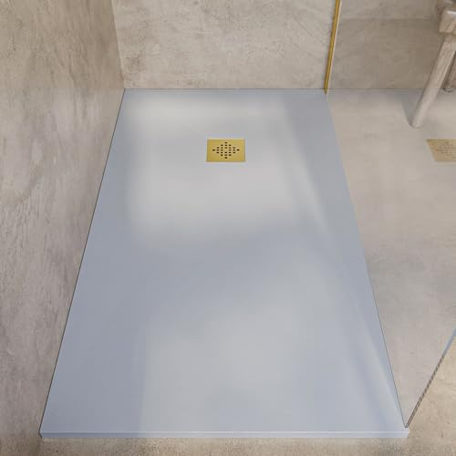 SOULHOME Piatto doccia- Resina -Gel Coat -Texture liscia/pietra -Antiscivolo -Colore Grigio Chiaro - 60X60- Extra piatto 3cm. GRIGLIA DORATA