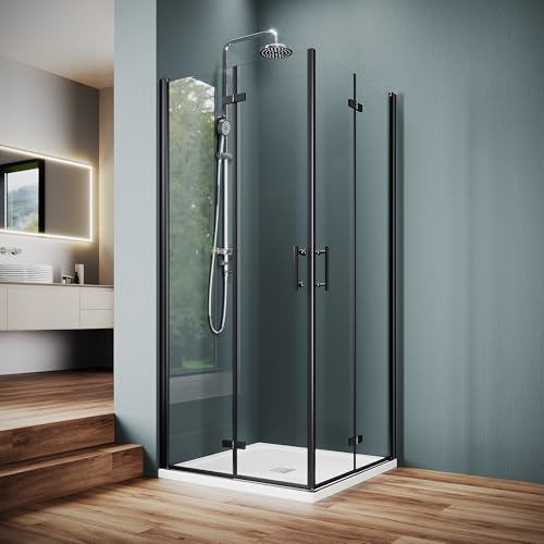 SUNXURY Duschkabine Eckeinstieg Schwarz 80x80cm Doppel Drehfalttür aus 6mm NANO ESG Glas Vollständig klappbare Duschtür 180º Rahmenlos Barrierefrei Faltdusche Höhe 195cm