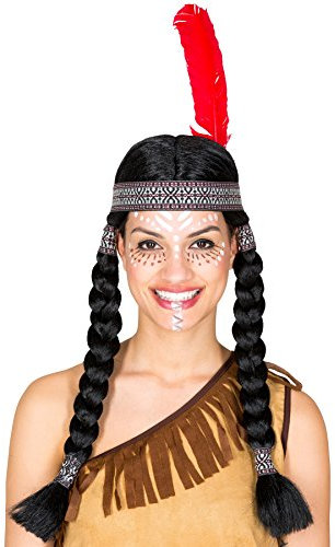 dressforfun Perücke mit Zwei geflochtenen Zöpfen | schwarz + Haarband mit Federn | Indianerin Squaw Fasching