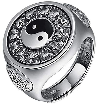 Vintage 925 Sterling Silber Emaille Yin Yang Spinner Ring mit Sternzeichen Chinesischer Feng Shui Schmuck für Herren Damen Offen Verstellbar