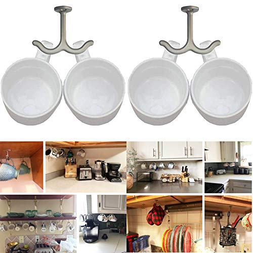 AUXPhome Mug Holder Under Cabinet Coffee Cup Hanger Cup Holder, Cabinet Storage Organizer Rack 4 Hook Drying Rack for Kitchen, Pantry, Cabinet